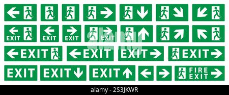 Symbolsatz für Notausstiegsschild. Grüne Logokollektion für Brandschutz-Ausstiegsschilder. Running man und Exit Door Schild. Vektorabbildungsbild. Isoliert Stock Vektor