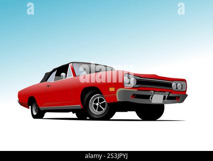 Altes rotes Auto auf dem Hinterkopf des Himmels. Vektorfarbene 3D-Abbildung. Handgezeichnete Abbildung Stock Vektor