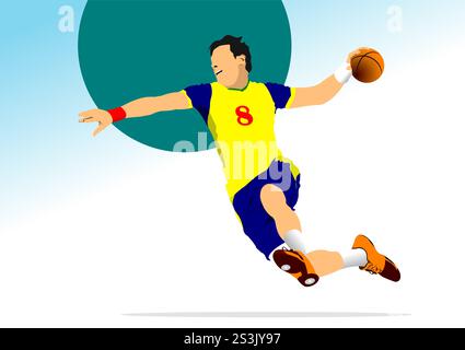 Handballspieler-Silhouette. 3D-Farbvektor handgezeichnete Illustration Stock Vektor