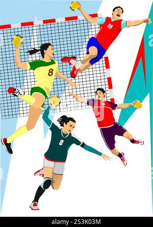 Set aus trainierender Handballspieler-Silhouette. 3D-Farbe Hand gezeichnete Vektorillustration Stock Vektor