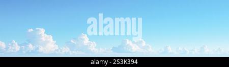 Panoramablick auf den ruhigen blauen Himmel und die flauschigen Cumulus-Wolken verteilen sich gleichmäßig, eine ruhige Tageskulisse für Designprojekte, ein weit offener, klarer Himmel mit weichem Himmel Stockfoto