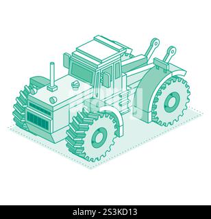 Isometrischer Traktor isoliert auf weißem Hintergrund. Vektorabbildung. Gliederungsobjekt. Großer, moderner landwirtschaftlicher Traktor. Stock Vektor