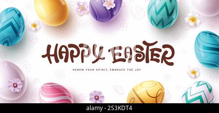 Happy easter Wishes Clipart Banner Design. Text-Clip-Art für den Gruß „Happy easter“ mit bunten bedruckten ostereiern und Blumen in weißer Kritzelung Stock Vektor