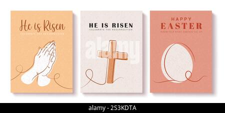 Jesus christus auferstandenes Clipart-Poster-Design. Frohe ostern jesus christus auferstandene Feier mit betenden Händen, christlichem Kreuz und flachem ostereier Stock Vektor