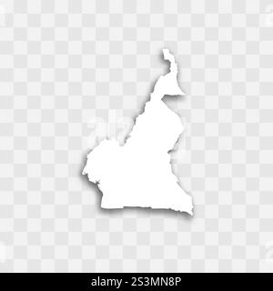 Kamerun hohe detaillierte Vektordarstellung der Landsilhouette. Weiße Farbe auf transparentem Hintergrund mit fallendem Schatten. Für Bildungs-, dekorative oder informative Zwecke. Stock Vektor