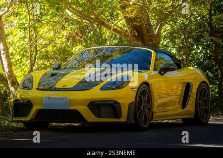 Taichung, Taiwan, 4. Dezember 2024: Ein gelber Porsche 911 GT2 RS Sportwagen auf der Bergstraße Stockfoto