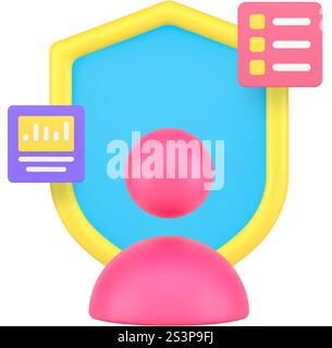 Sicherheitsschutz für persönliche Daten 3D-Symbol realistische Vektorgrafik. Benutzersicherheit Identifikation Informationstechnologie Datenschutzschilddaten Stock Vektor