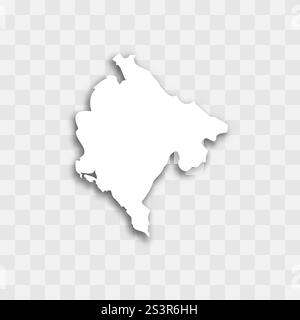 Montenegro hohe detaillierte Vektordarstellung der Ländersilhouette. Weiße Farbe auf transparentem Hintergrund mit fallendem Schatten. Für Bildungs-, dekorative oder informative Zwecke. Stock Vektor