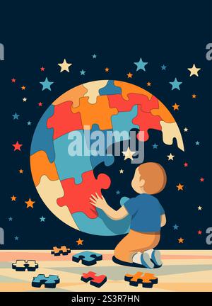 Welt-Autismus-Bewusstsein-Banner, Kinderspiel mit bunten Imagination Puzzle - Puzzle Stockfoto