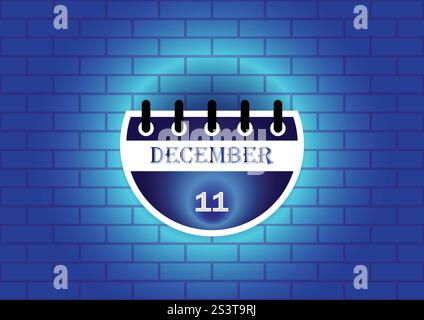 Eine digitale Illustration einer Kalenderseite mit dem 11. Dezember. Der Kalender ist vor einem Hintergrund aus blauen Ziegeln dargestellt Stock Vektor