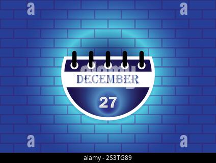 Eine stilisierte Kalenderseite mit dem 27. Dezember. Das Design verfügt über einen runden Kalender vor einer blauen Ziegelwand, die mit einem sanften Schein hervorgehoben wird Stock Vektor