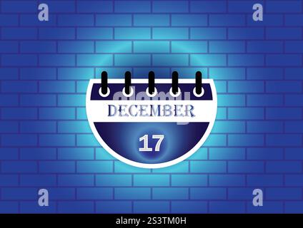 Eine stilisierte Kalenderseite mit dem 17. Dezember. Der Kalender ist vor einem blauen Backsteinmauerhintergrund dargestellt, der von einem sanften Schein umgeben ist. Stock Vektor