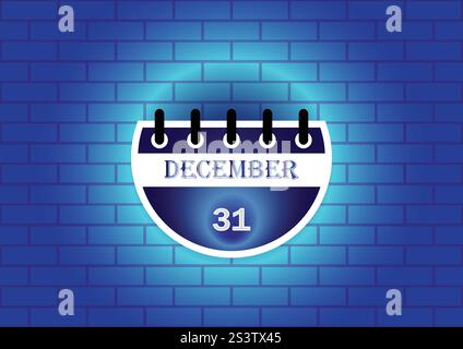 Eine digitale Illustration einer Kalenderseite mit dem 31. Dezember. Die Seite ist halbkreisförmig und hat ein blau-weißes Design, das sich gegen eine Textur richtet Stock Vektor