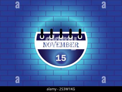 Eine Grafik einer Kalenderseite für den 15. November, auf einer blauen Ziegelwand. Das Design ist sauber und modern, für verschiedene Anwendungen geeignet, Stock Vektor