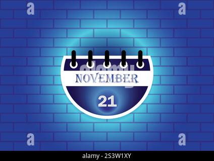 Ein digital gerendertes Bild einer Kalenderseite mit dem 21. November. Der Kalender wird vor einem blauen Backsteinmauerhintergrund dargestellt Stock Vektor