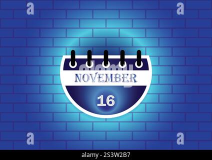 Eine stilisierte Kalenderseite, die den 16. November zeigt, digital vor einem Hintergrund einer blauen Ziegelwand gerendert. Das Bild eignet sich ideal für Datumserinnerungen Stock Vektor