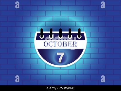 Ein grafisches Design einer Kalenderseite, die den 7. Oktober zeigt. Die Seite ist kreisförmig und blau und steht an einer strukturierten blauen Ziegelwand. Stock Vektor