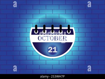 Ein digital gerendertes Bild einer Kalenderseite mit dem 21. Oktober. Der Kalender wird vor einem blauen Backsteinmauerhintergrund dargestellt Stock Vektor