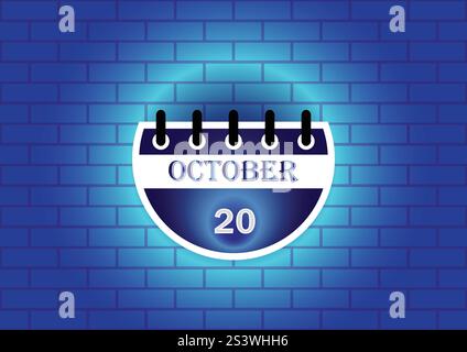 Eine stilisierte Kalenderseite mit dem 20. Oktober ist vor dem Hintergrund einer blauen Ziegelwand zu sehen. Das Design ist minimalistisch und modern Stock Vektor