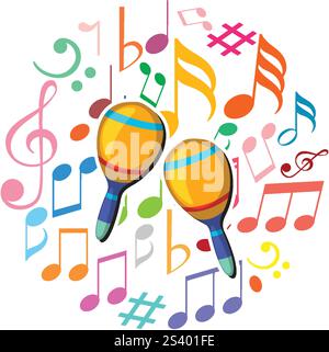 Lebhafte Maracas umgeben von farbenfrohen musikalischen Noten Stock Vektor