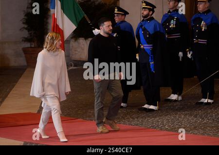 Italien, Rom, 9. Januar 2025: Der italienische Premierminister Giorgia Meloni trifft auf den ukrainischen Präsidenten Wolodymyr Zelenskyj. Foto © Stefano Carofei/Sintesi/Alamy Live News Stockfoto