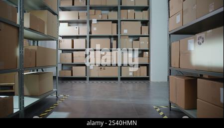 Postsortierzentrum, Online-Store-Einzelhandelslager mit E-Commerce-Waren in Kartons und Paketen in Regalen. Lager-, Logistik- und Vertriebseinrichtung für Lieferservice. Dolly Shot. Stockfoto