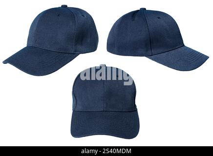 Set aus leerer blauer Baseballmütze isoliert auf weißem Hintergrund. Vorlagenmodell Stockfoto