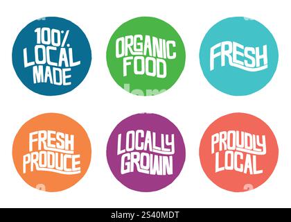 Kreise-Badge-Set mit frischen lokalen Produkten. Vektor-Design-Handbeschriftung Illustration für Web, T-Shirt-Design, andere grafische Design-Verwendung Stock Vektor