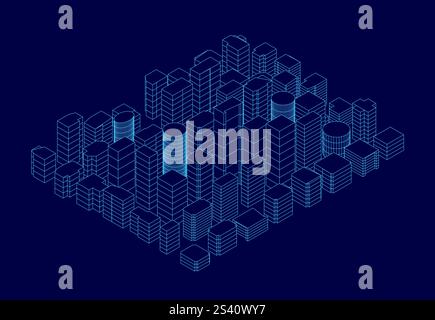 Das Stadtbild wird in blauer Farbe angezeigt. Die Gebäude bestehen aus Kuben und sind in einem Gittermuster angeordnet. Die Stadt scheint futuristisch und modern zu sein, Stock Vektor