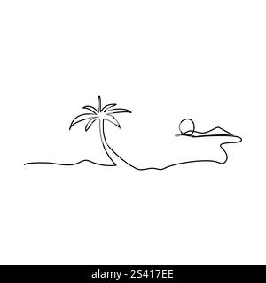 Sonnenuntergang mit Wolke auf dem Meer Ozean kontinuierliche einzeilige Zeichnung Sonnenaufgang eine einzeilige lineare Darstellung, kontinuierliche einzeilige Zeichnung der Wolke Sonnenuntergang Stock Vektor