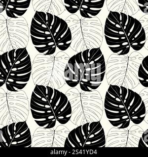 Monstera-Blattmuster, dunkle Kontur und Silhouette hinterlässt Monstera auf beigefarbenem Hintergrund. Vektorabbildung Stock Vektor