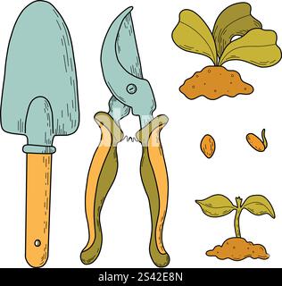 Garten. Große Sammlung von Vektorillustrationen der Landwirtschaft. Gartenwerkzeuge, Haushaltssammlung. Gemüseanbau. Frühlingsgewächshauspflanzen, Setzlinge Stock Vektor
