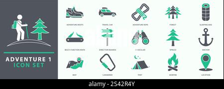 Adventure-Symbole. Adventure-Symbolsatz. Setzen Sie das Symbol des Abenteuers. Vektorabbildung. Stock Vektor