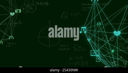 Bild eines Netzwerkes von Mediensymbolen über mathematischen Gleichungen auf dem Schwarzen Brett Stockfoto