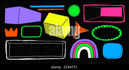 Abstrakte Formelemente und Rahmen mit verschiedenen Mustern im rauen rustikalen Stil. Handgezeichnete Vintage-geometrische Formen mit Texturen und Mustern. Hand Stock Vektor
