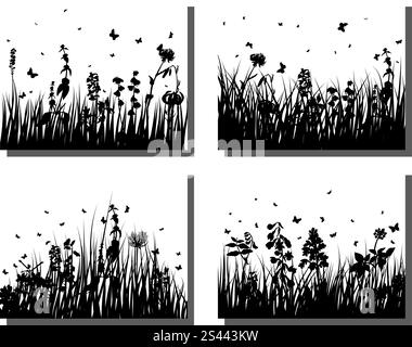 Set von vier Vektor Rasen Silhouetten Hintergründe Stock Vektor