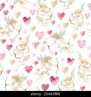 Romantisches, nahtloses Aquarellmuster mit Pfeilen von Cupidenengeln, die Pfeile schießen, und zarten Herzen in Pastellfarben. Perfekt für Valentin Stockfoto
