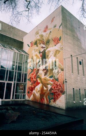 Farbenfrohes Wandbild an einer modernen Gebäudewand in Enschede, das fließende Blumen- und menschliche Formen darstellt. Künstlerisches und lebendiges Design, das Natur und urbanes miteinander verbindet Stockfoto