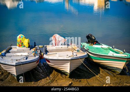 Farbenfrohe Boote im Hafen von Faro, Algarve, Süden Portugals Stockfoto