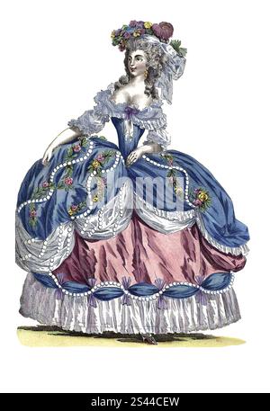 Marie Antoinette, französische Königinnen, sollten Vorbilder in der Mode sein. Als Ehefrau Ludwigs XVI. Widmete sich Marie Antoinette dieser Aufgabe mit Begeisterung. Zusammen mit ihrer Marchande de de Modes Rose Bertin und ihrem Friseur Léonard brachte sie viele neue Moden in den Vordergrund. Hofetikette vorgeschriebene Roben de Cour - üppig verzierte Kleider mit breiten Röcken, Paris, 1787, Frankreich, historisch, digital restaurierte Nachbildung eines Modells aus dem 19. Jahrhundert, von den französischen Königinnen wurde erwartet, dass sie in Sachen Mode ein Vorbild waren. Als Ehefrau von Ludwig XVI. Widmete sich Mar Stockfoto