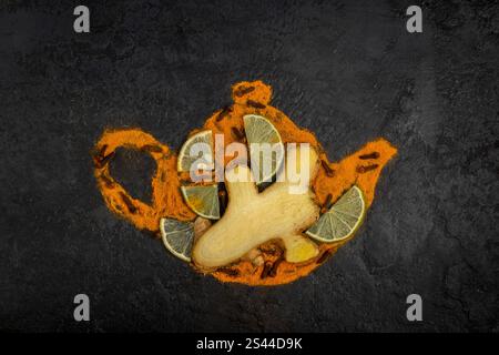 Kurkumapulver, Ingwer und Zitrone auf schwarzem Hintergrund. Flach in Form einer Teekanne. Blick von oben. Superfood-Konzept Stockfoto