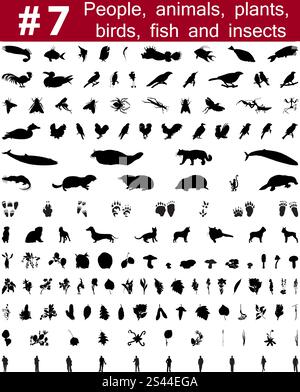 Große Sammlung von Collage Vector Silhouetten von Menschen, Tiere, Vögel, Fische, Blumen und Insekten Stock Vektor