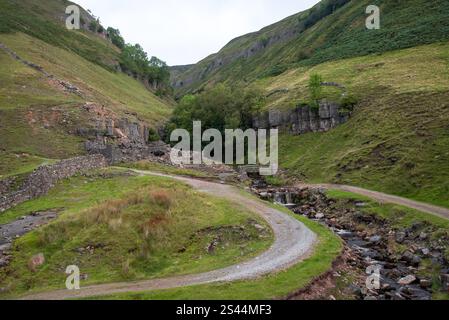 Die Fußgängerbrücke am Fair Yew endet im Swinner Gild, einem wilden und abgelegenen Gebiet im Swaledale im Yorkshire Dales National Park. Stockfoto