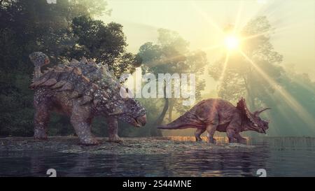 Ankylosaurus und Triceratops im Tal am See. Dies ist eine 3D-Render-Abbildung. Stockfoto