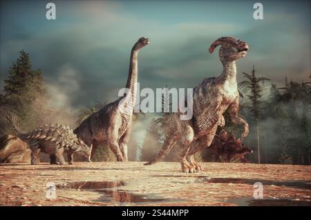 Dinosaurier- Parasauroloopus, Ankylosaurus, Brachiosaurus, Stegosaurus in der Natur. Dies ist eine 3D-Render-Abbildung Stockfoto
