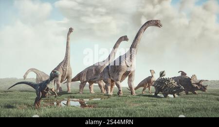 Arten von Dinosauriern in der Natur. Dies ist eine 3D-Render-Abbildung. Stockfoto