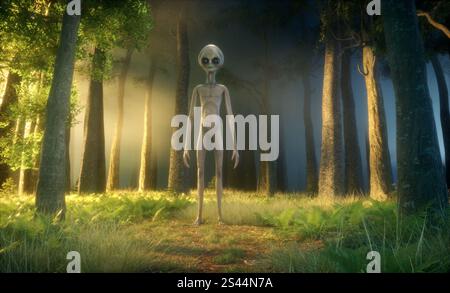 Alien im Wald. Unbekanntes und UFO-Konzept. Dies ist eine 3D-Darstellung. Stockfoto