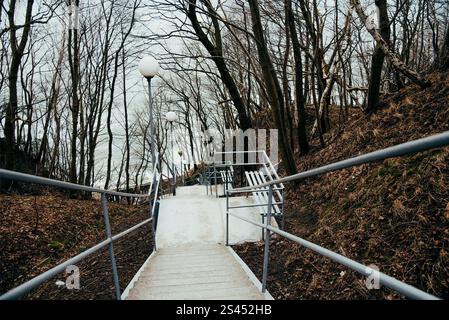 Lange Betontreppe vom Berg zum Meer, Herbstlandschaft im Stadtpark Stockfoto