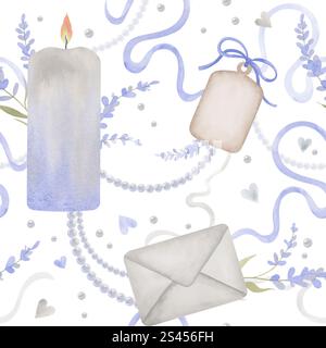 Nahtloses Aquarellmuster zum Valentinstag. Handgezeichnete Illustration mit Kerze, Umschlag, Geschenkanhänger, Lavendel, Perlenschnüren und Bändern. Stummgeschaltet Stockfoto