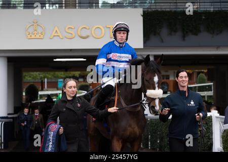 Ascot, Berkshire, Großbritannien. November 2024. SAMARRIVE fährt mit Jockey Lorcan Williams auf die Strecke für das Limited Handicap Steeple Chase Class 3 GBB Race der Ascot Underwriting Novices beim Fireworks Spectacular Family Raceday auf der Ascot Racecourse, Berkshire. Kredit: Maureen McLean/Alamy Stockfoto